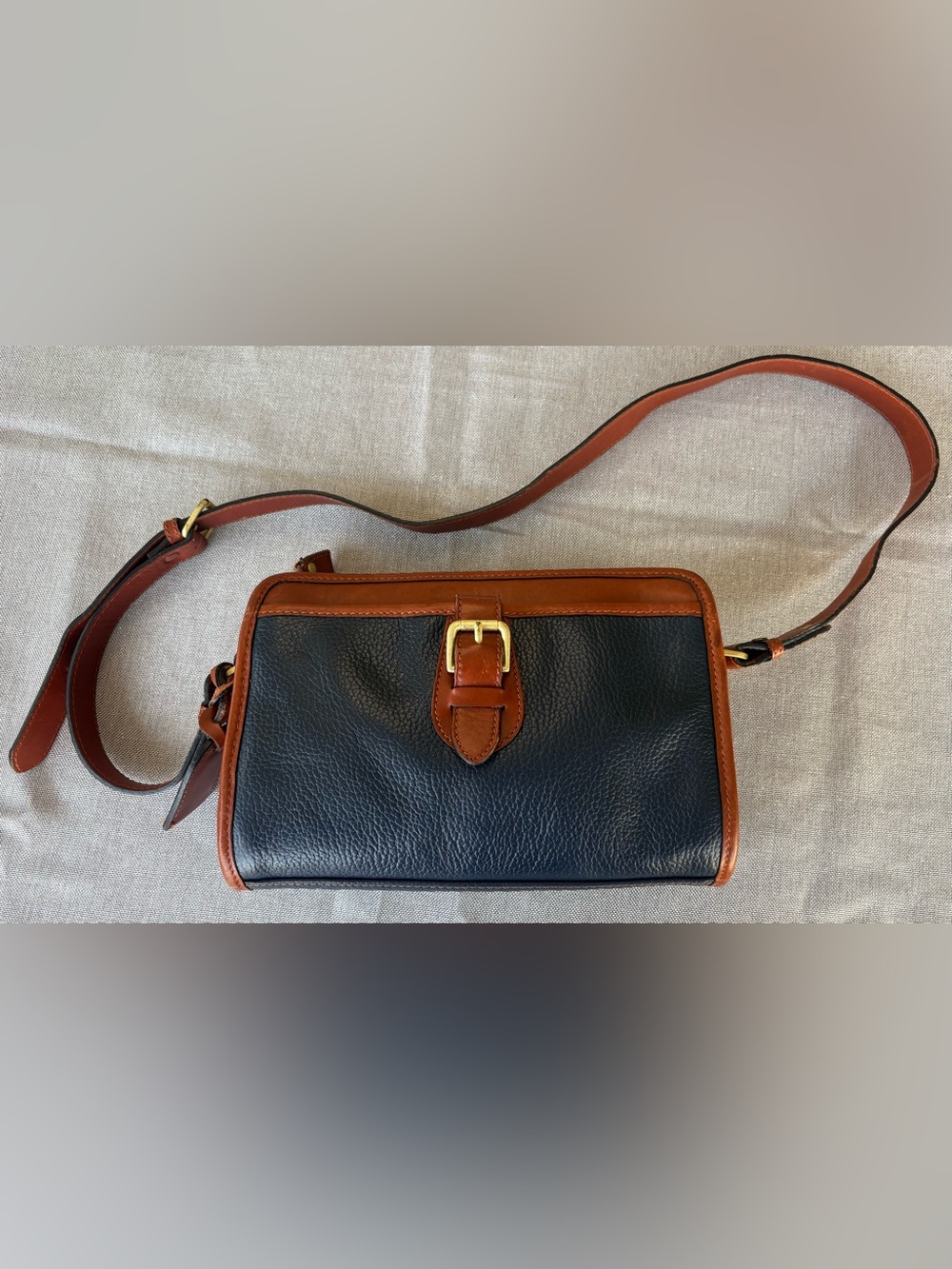 Liz Claiborne Leather Crossbody Bag Navy and Brown with Gold Buckle vintage 90s